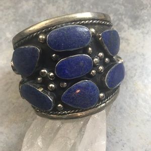 LARGE Lapis Lazuli Silver Chunky Tribal Bracelet